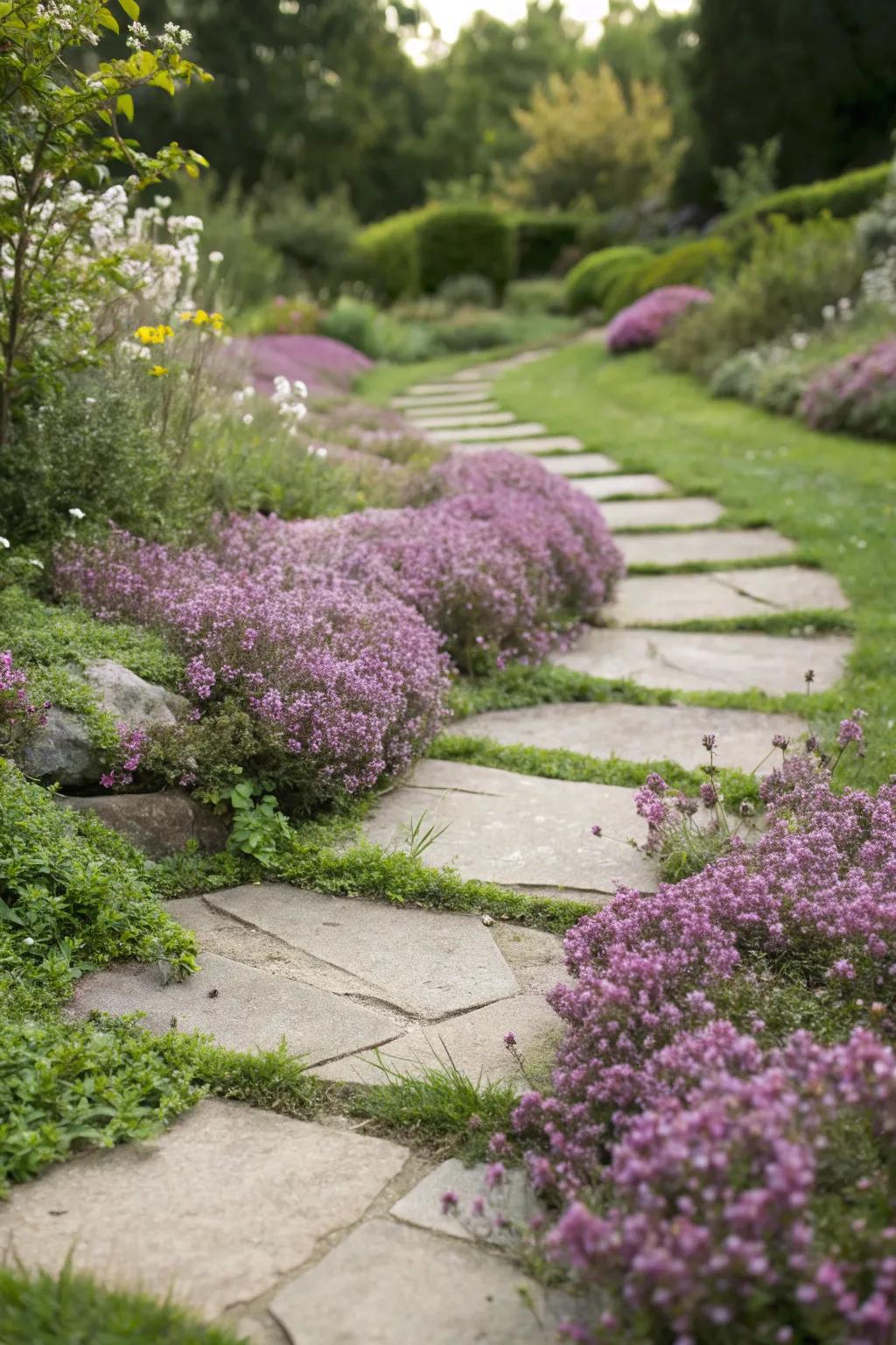 Fragrant beauty of Creeping Thyme between stones.