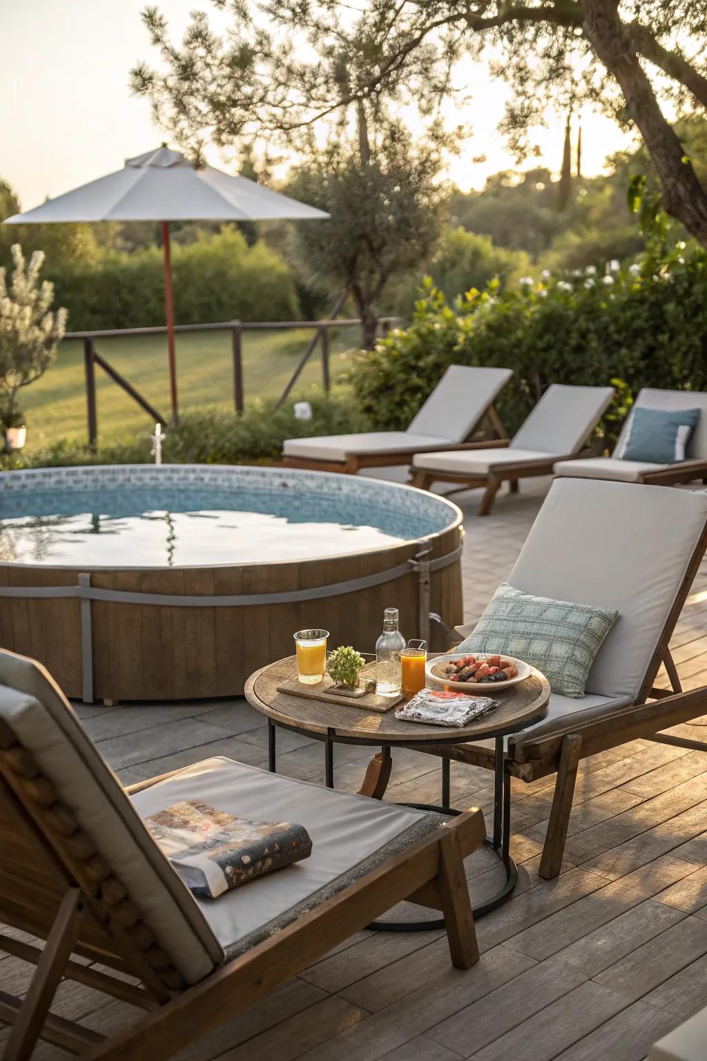 A cozy seating area enhances the relaxation factor of an above ground pool.