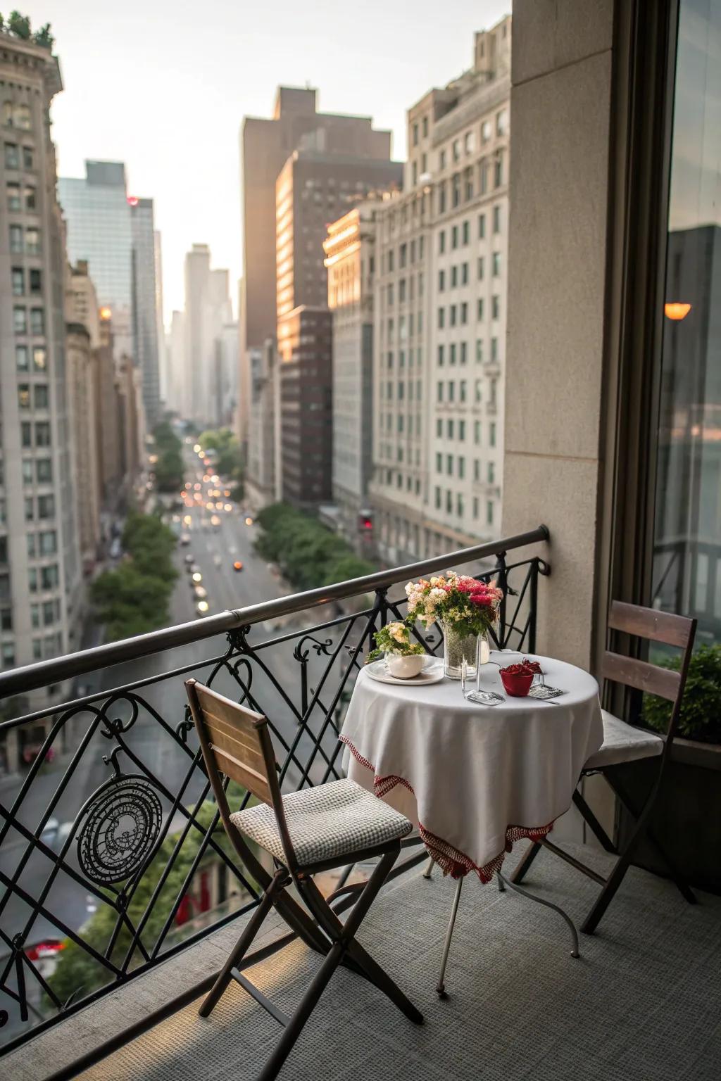 A cozy bistro set offers a perfect dining spot on your balcony.