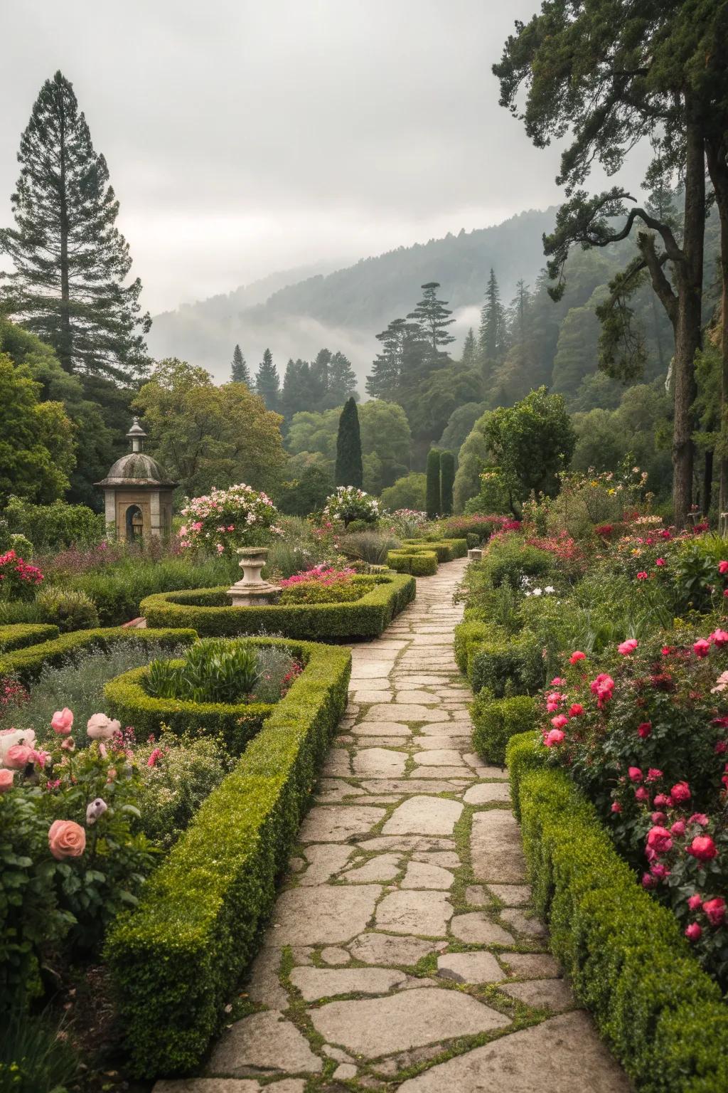 Elegant stone pathways weaving through a luxurious garden.