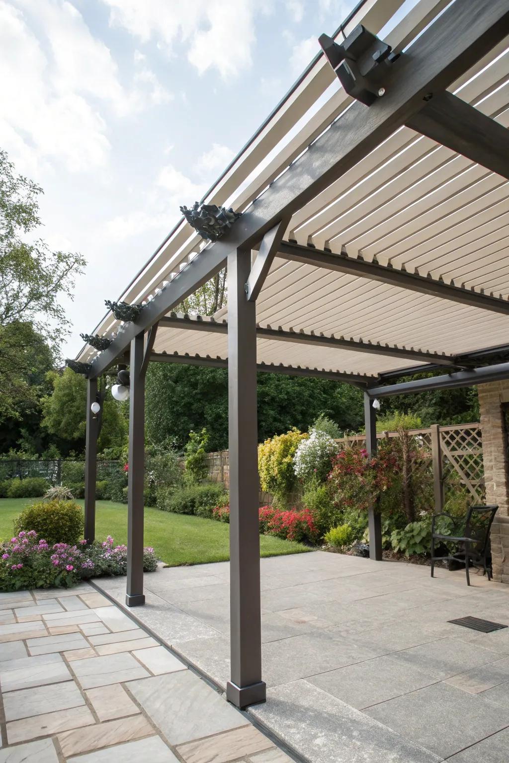 A pergola with adjustable roof slats offers customizable shade and comfort.