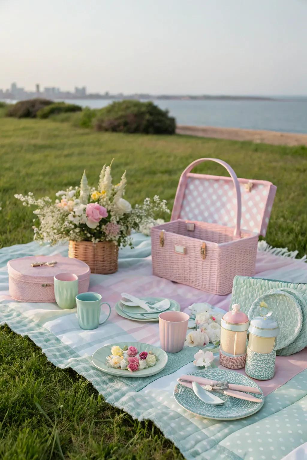 A picnic setup with a coordinated pastel color theme.