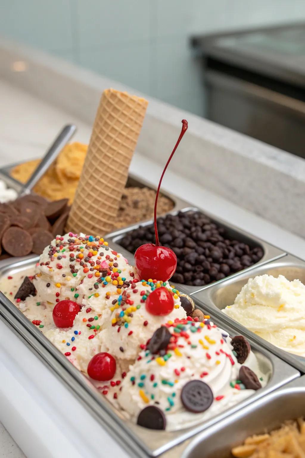 An interactive ice cream bar is a delightful treat for guests of all ages.
