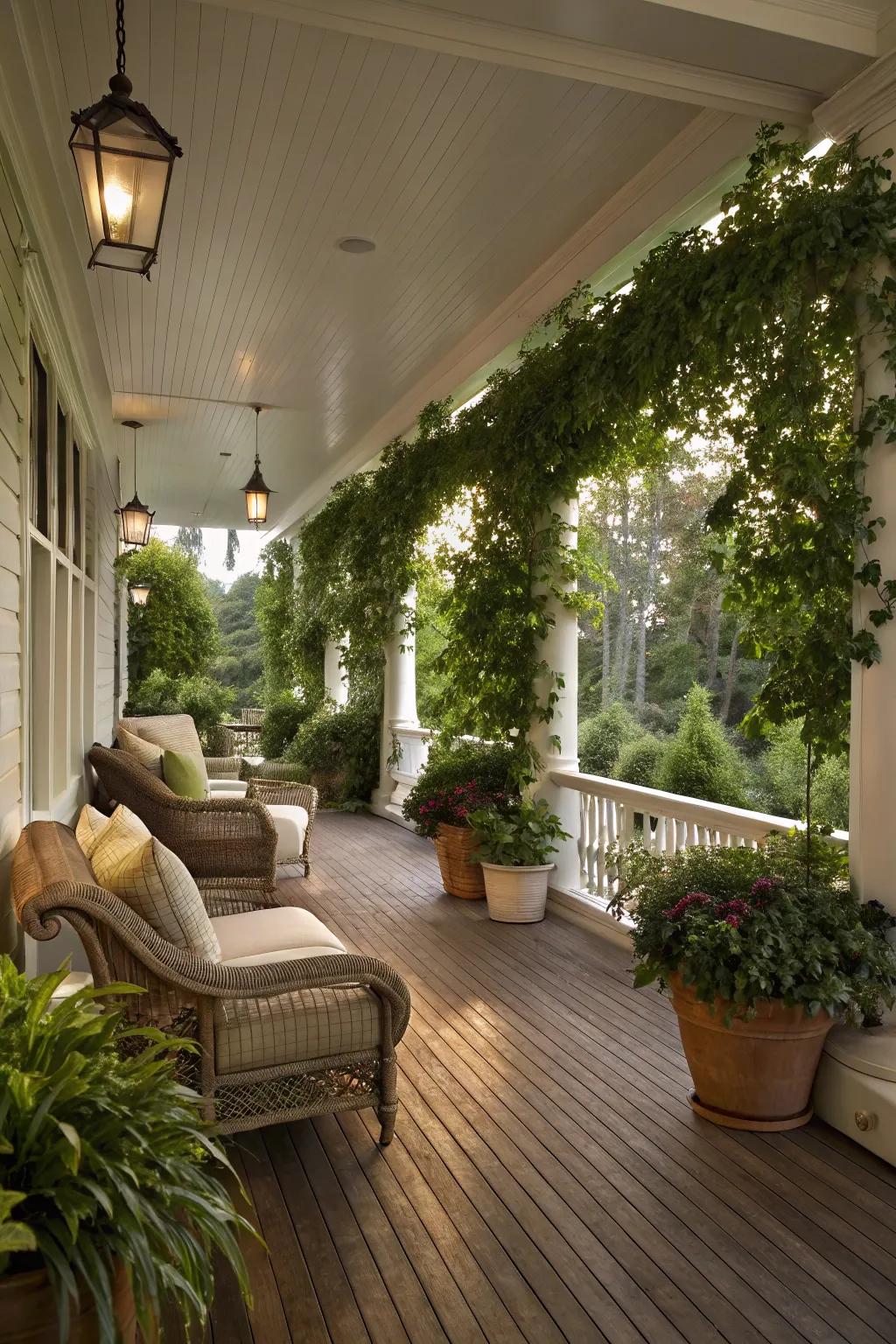 Immerse yourself in tranquility with lush greenery on your luxury porch.