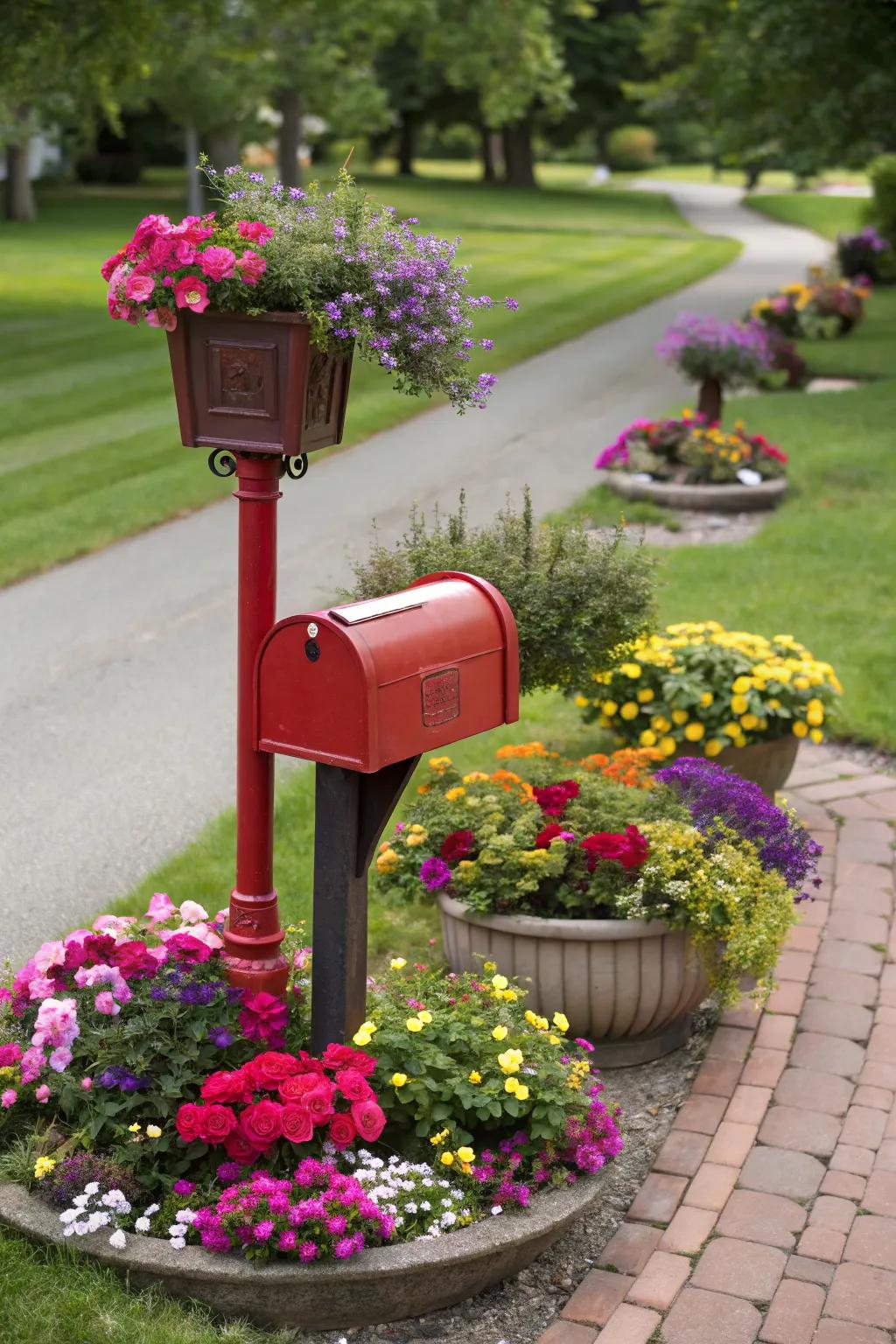 Planter boxes add a floral touch to enhance your mailbox stand.
