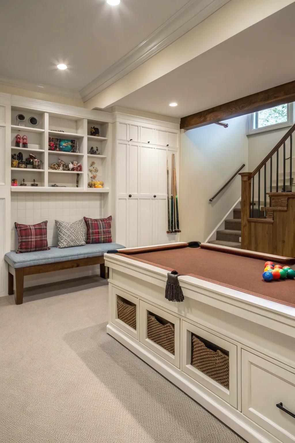 Multifunctional seating with storage maximizes space in small rooms.
