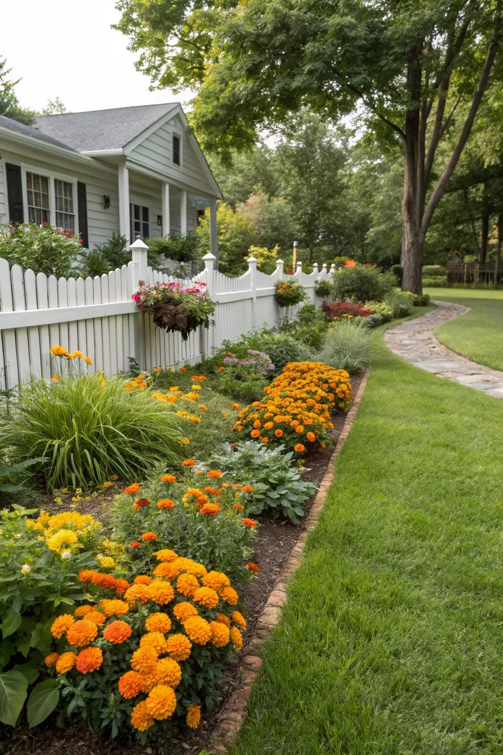 Marigolds edging a lawn with vibrant color.