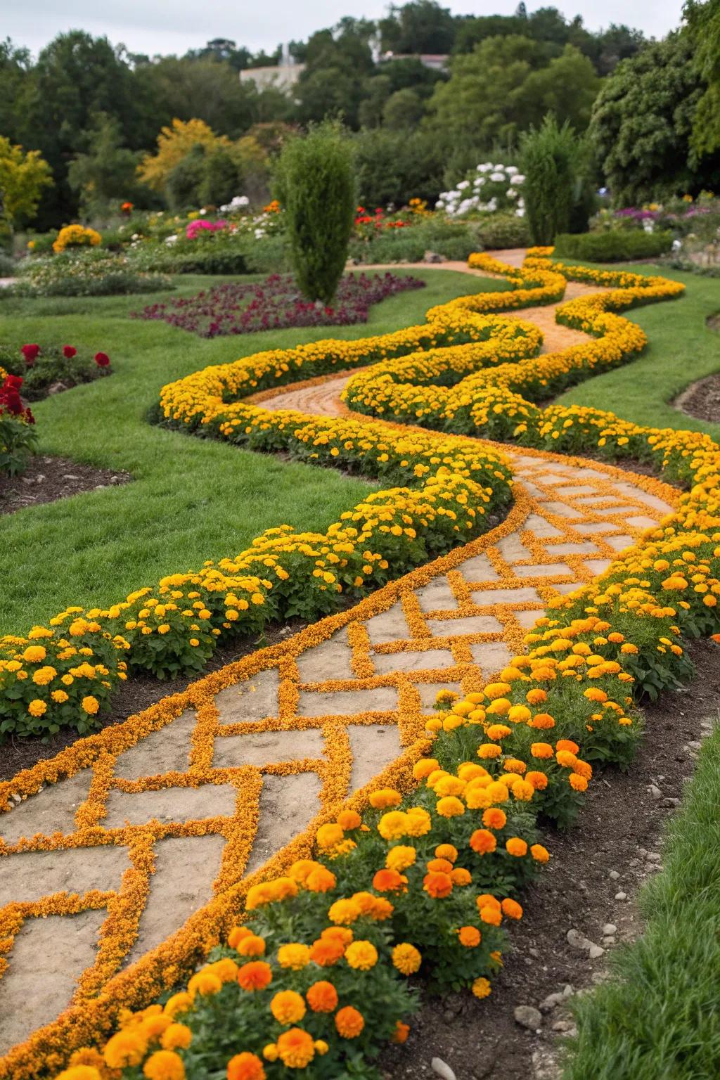 Geometric marigold designs create visual interest in the garden.