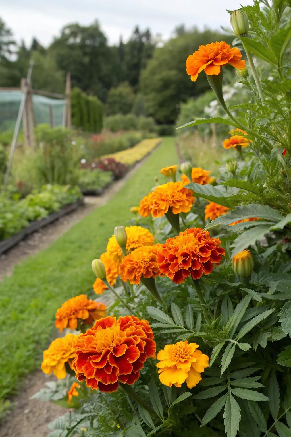 Marigolds with a lush green backdrop create a vivid color tapestry.
