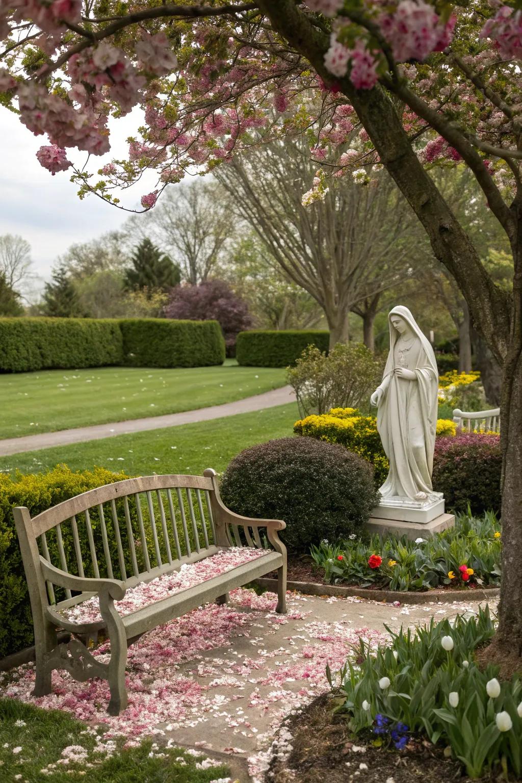 A garden bench invites relaxation and reflection in a Mary garden.