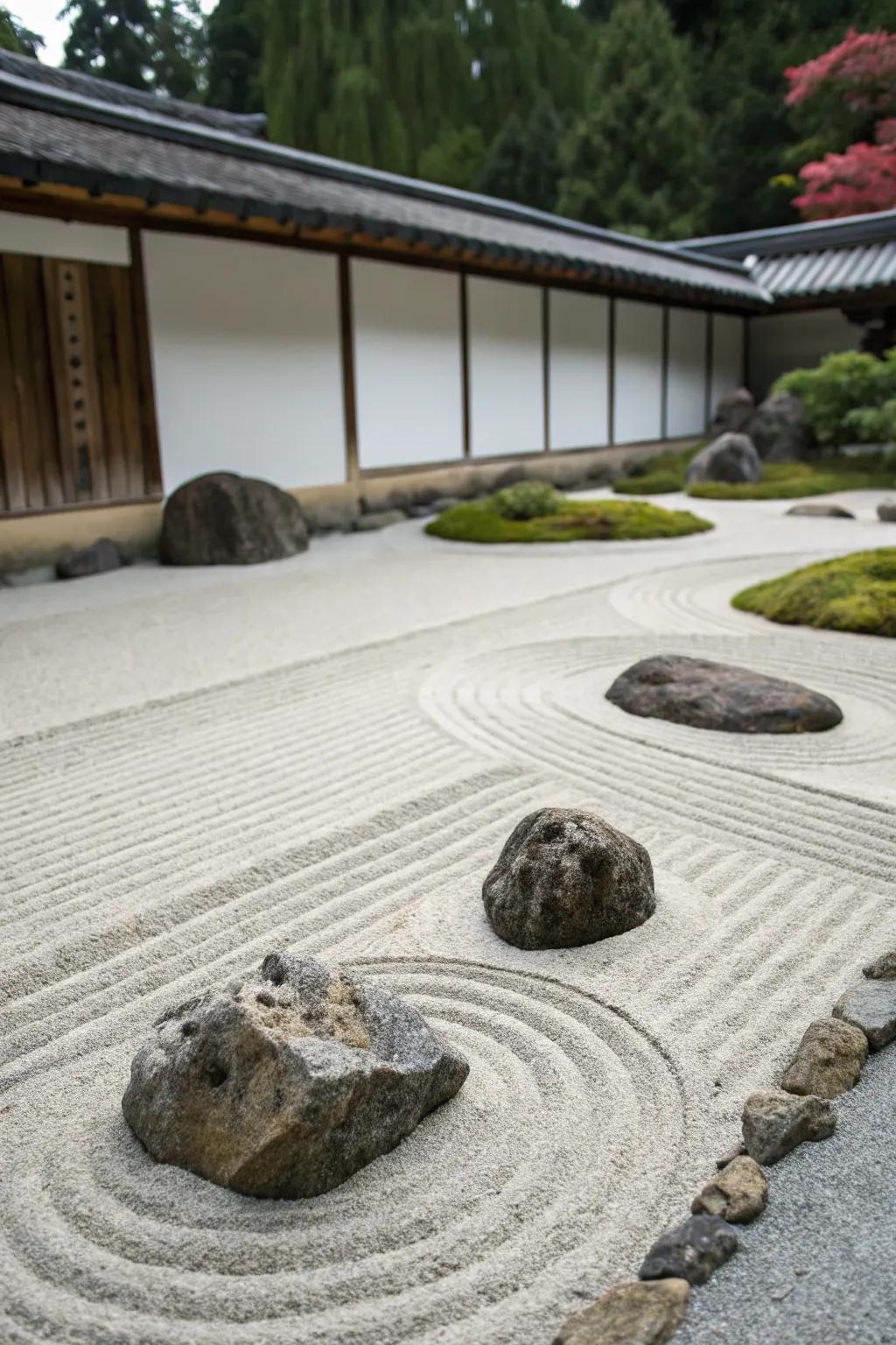 A minimalist Zen garden ideal for meditation.