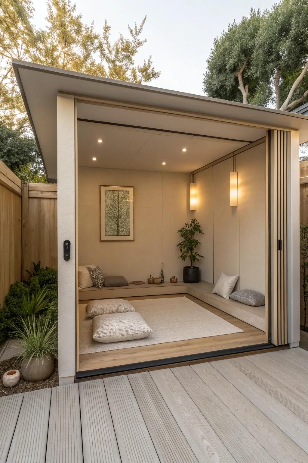 A minimalist meditation shed with neutral tones and simple decor.