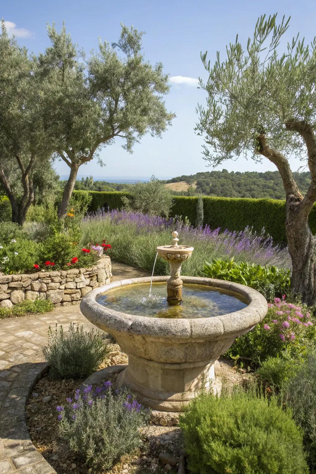 A fountain adds tranquility and charm to a Mediterranean garden.