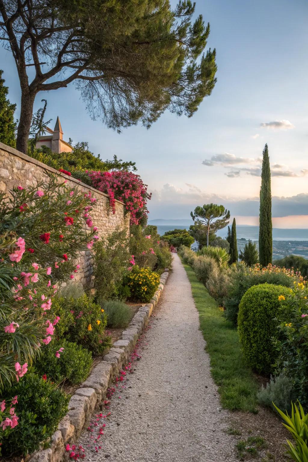 Gravel paths offer a natural, low-maintenance option for a Mediterranean garden.