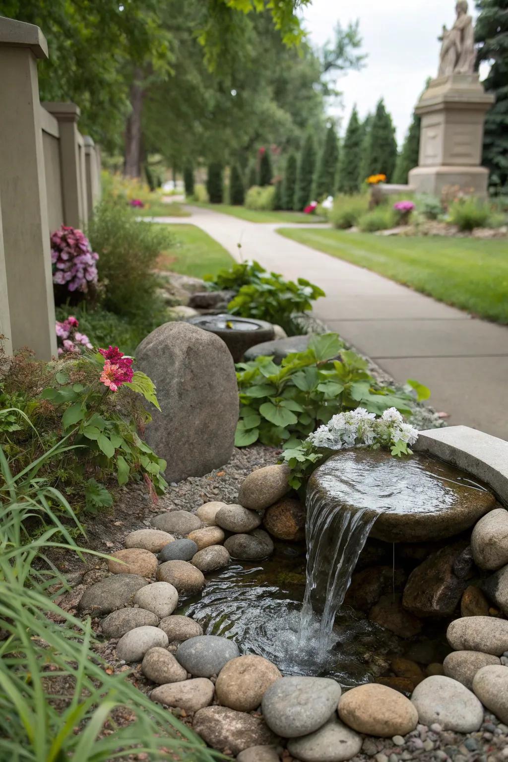 A bubbling fountain adds tranquility to the memorial garden.