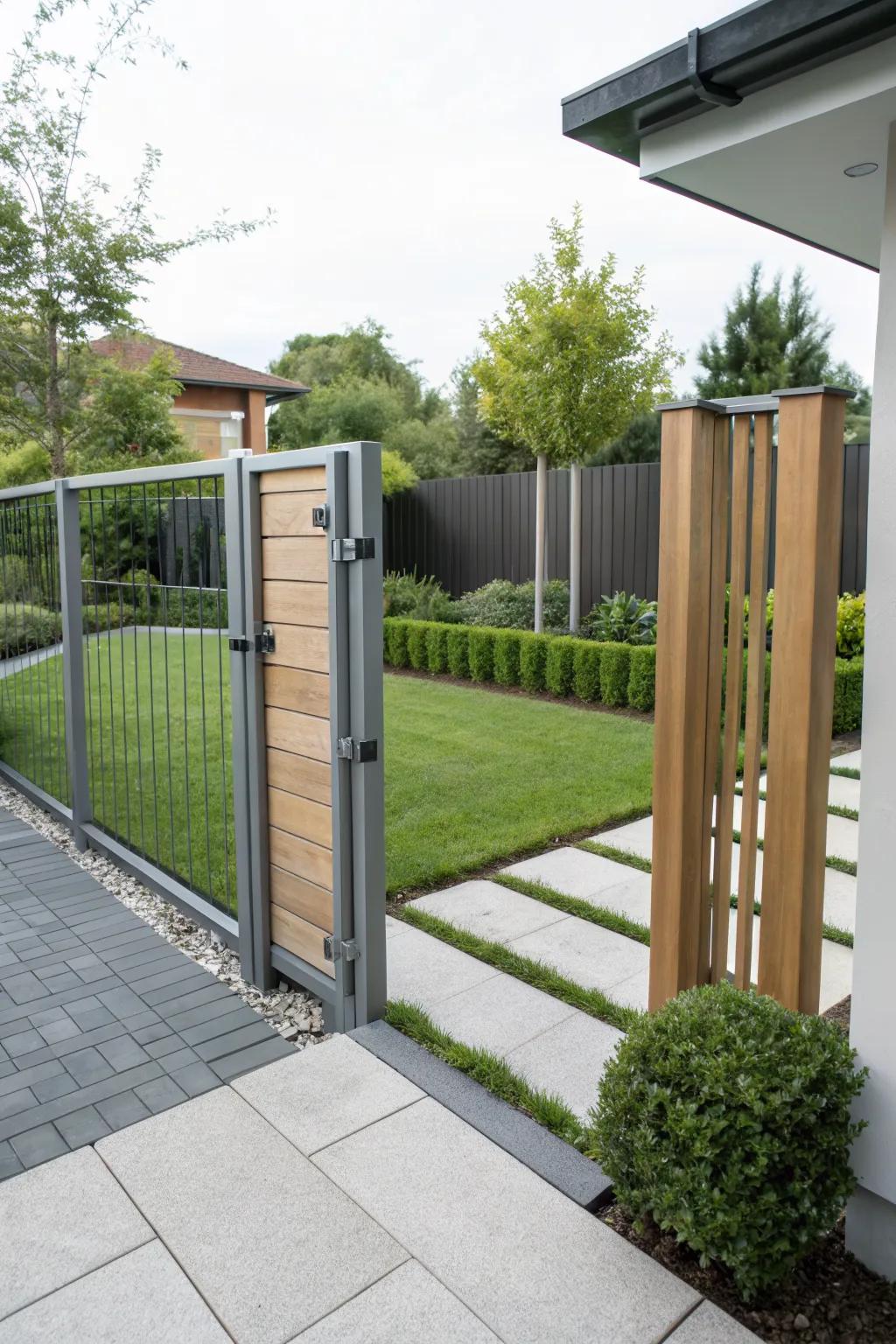 Embrace simplicity with a minimalist metal and wood gate.
