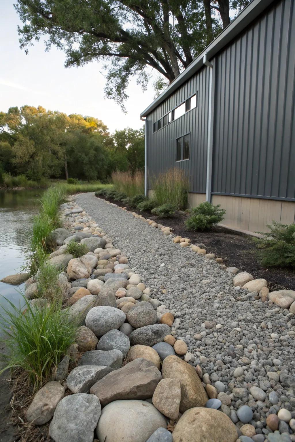 River stones creating a natural border around a metal structure.