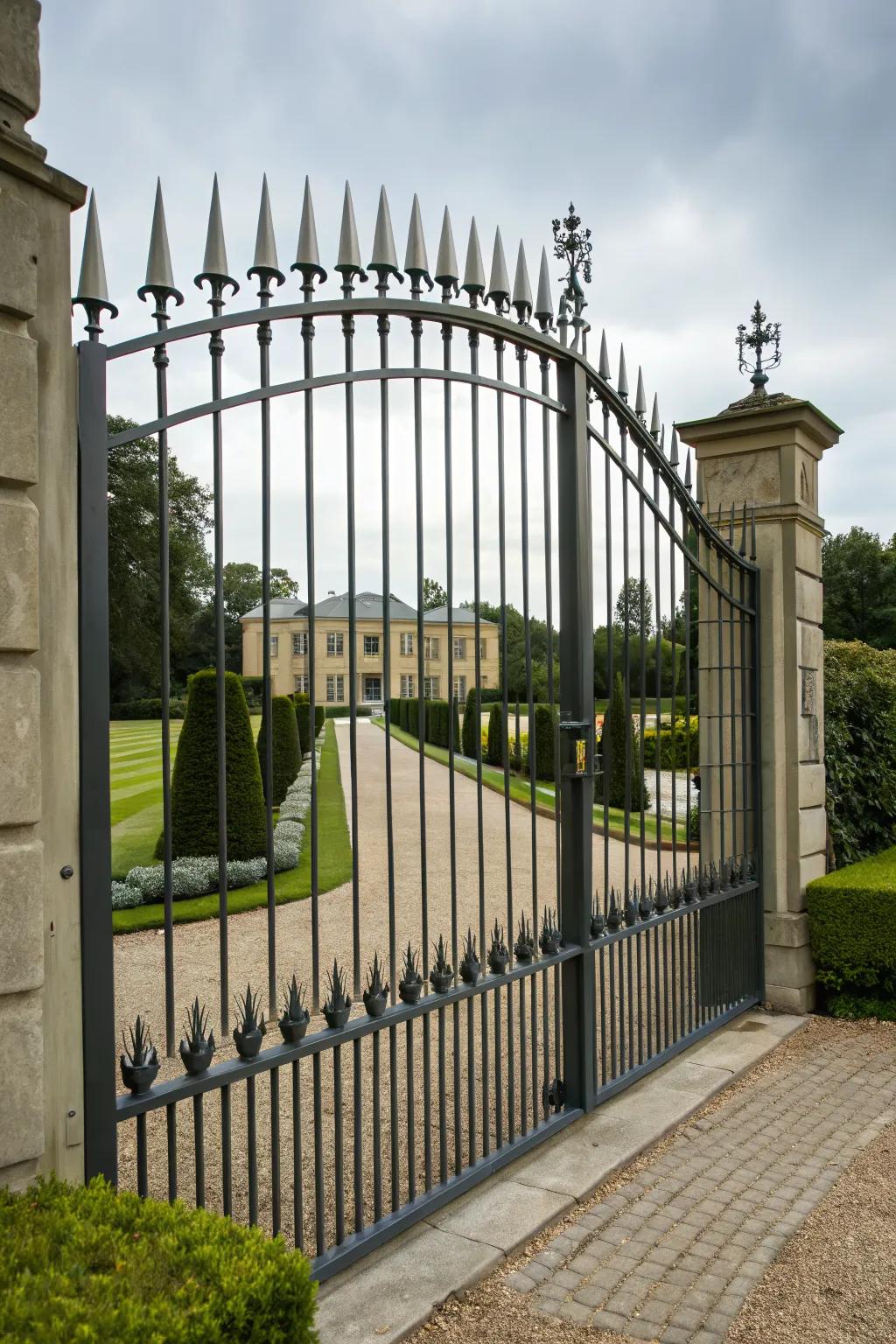 Create a grand entrance with a bold, imposing gate.