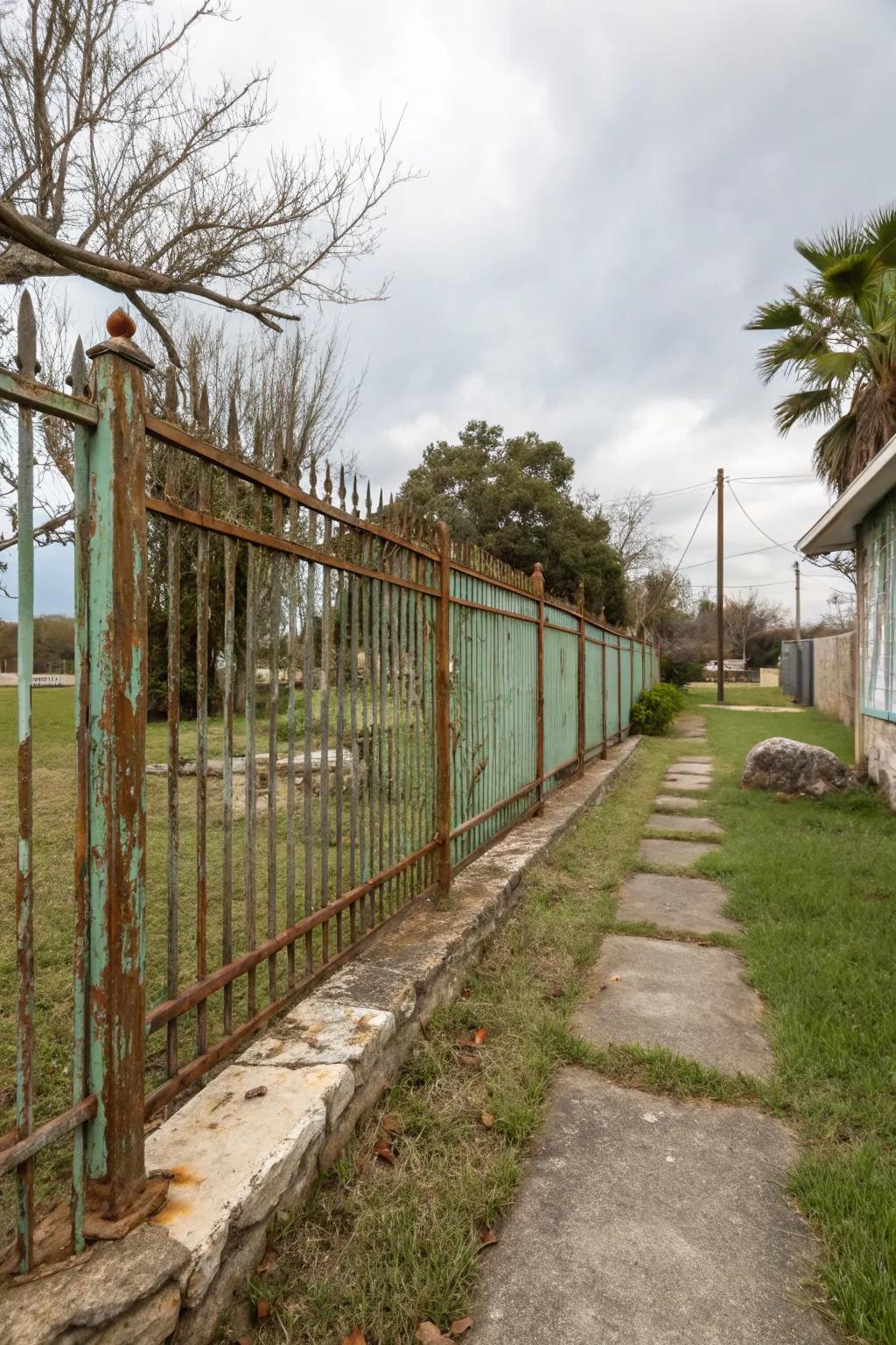 Weathered steel adds rustic charm to the front yard.