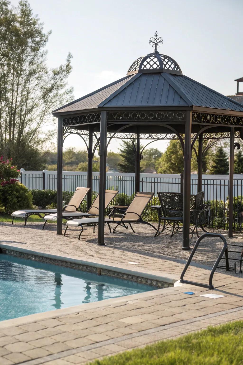 Poolside gazebos offer a stylish retreat by the water.