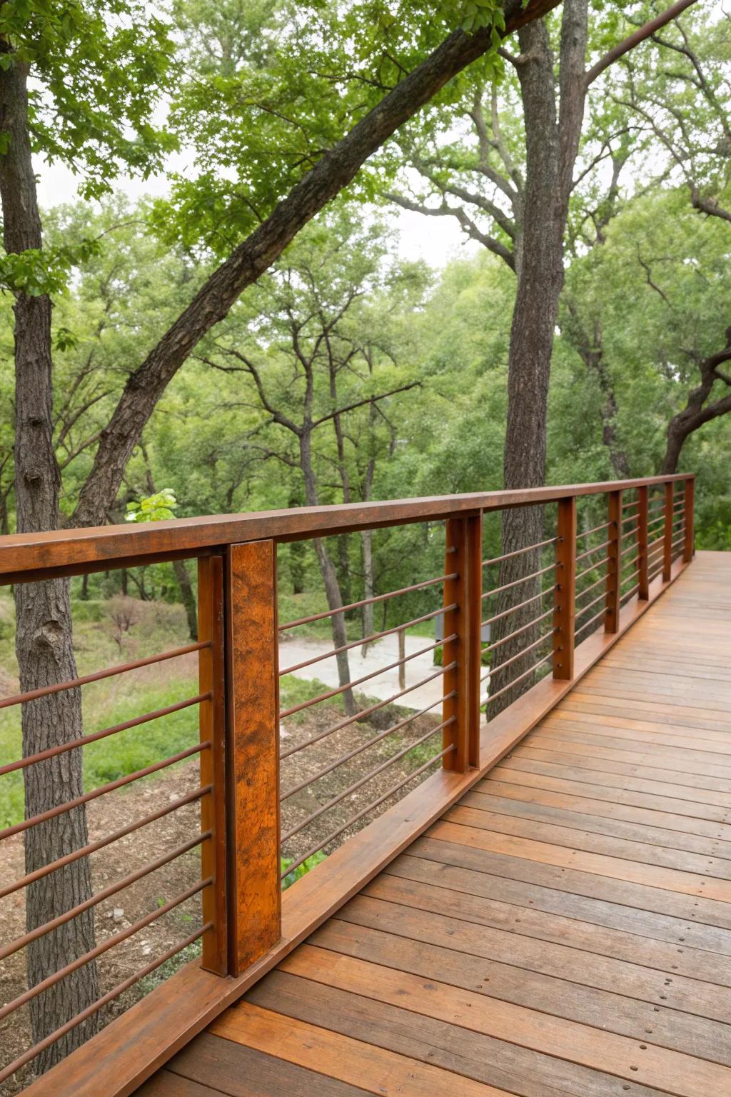 Rustic charm with Corten steel railings on a deck.
