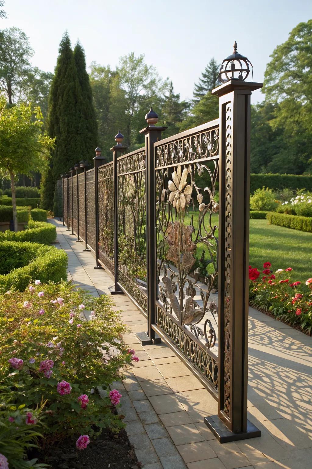 Artistic metalwork turning a fence into a garden masterpiece.