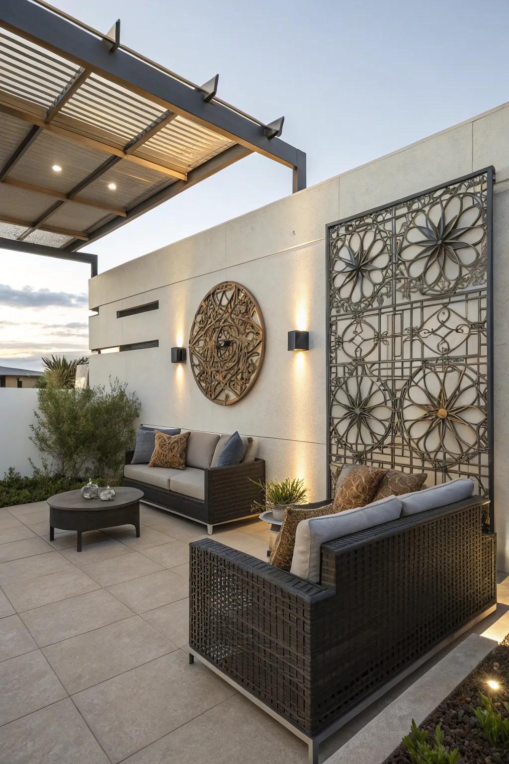 Metal wall art adding character and charm to this stylish patio.