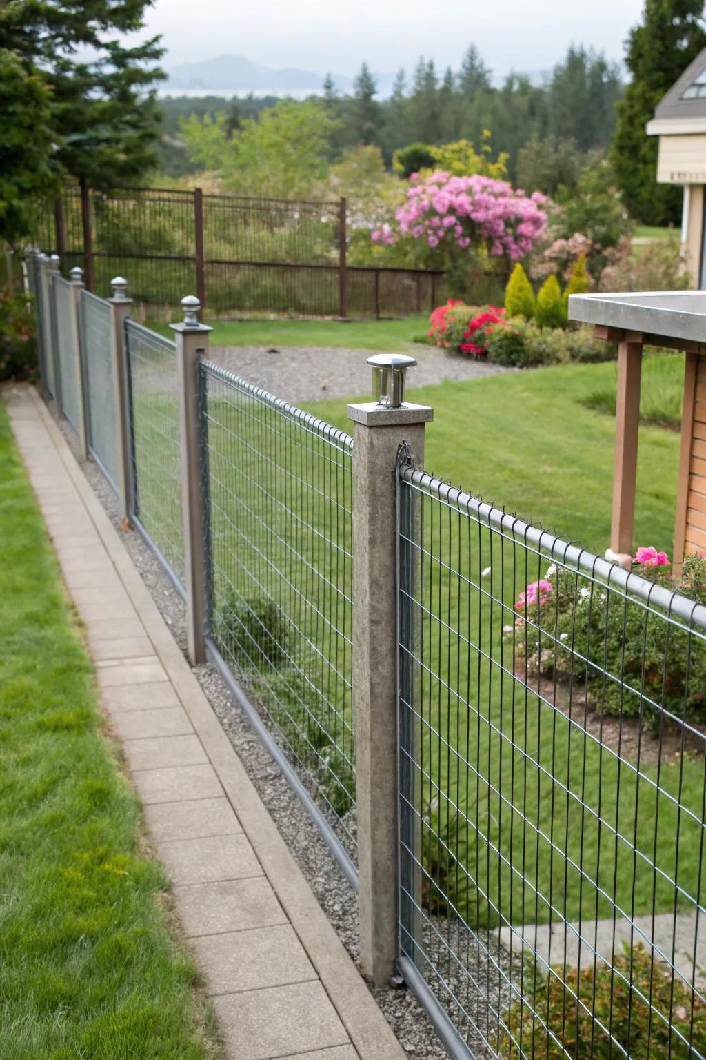 Wire mesh fence with metal posts overlooking a scenic backyard.