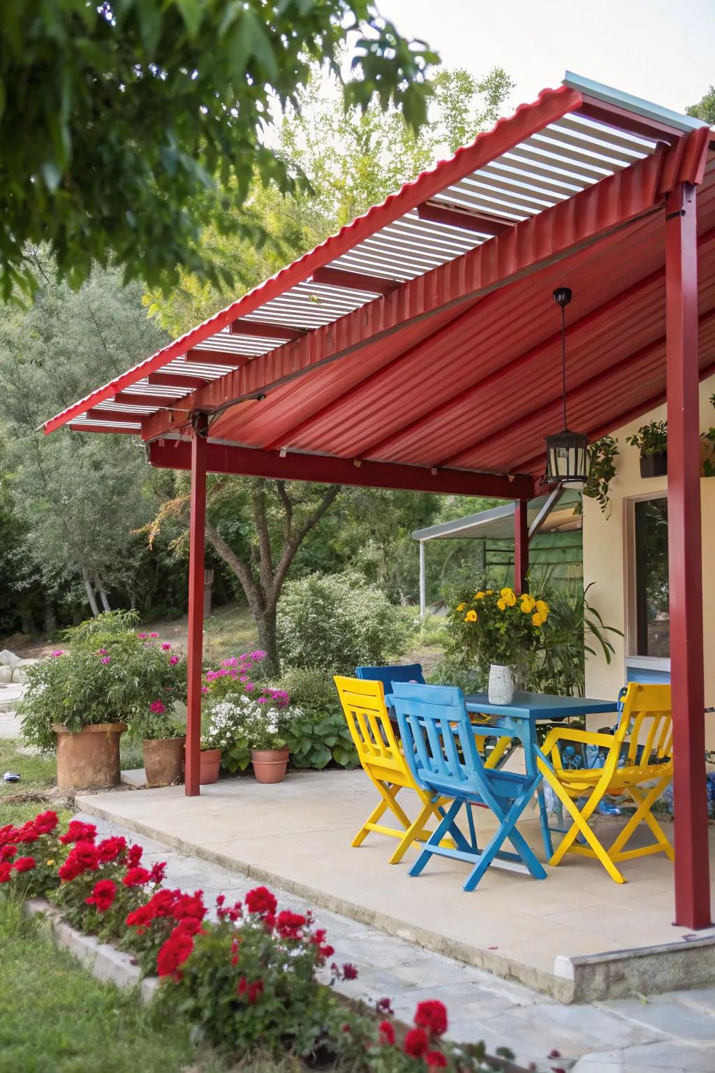 A bright red awning adds a pop of color to the space.