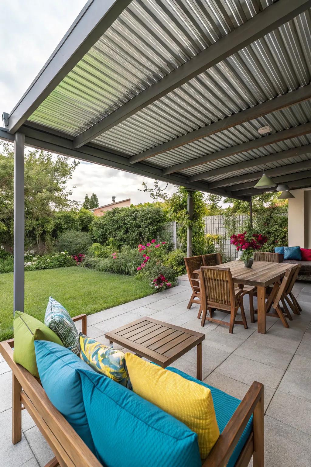 A cozy outdoor living space under a protective metal roof.