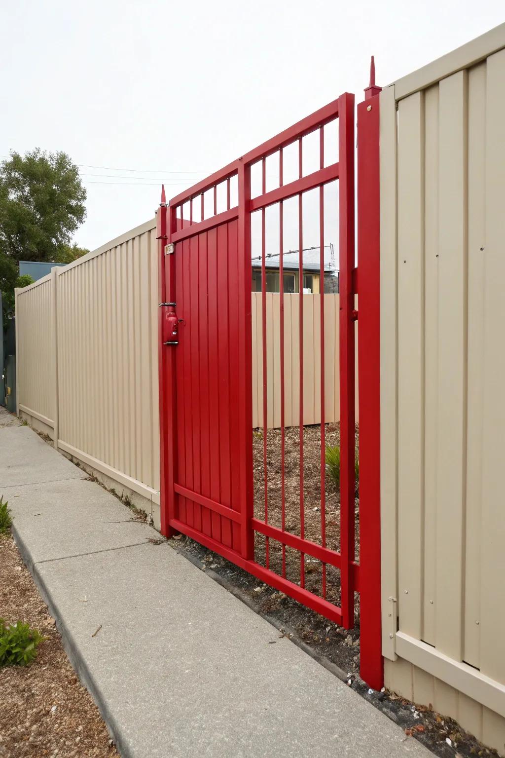 A vibrant red metal gate makes a bold statement