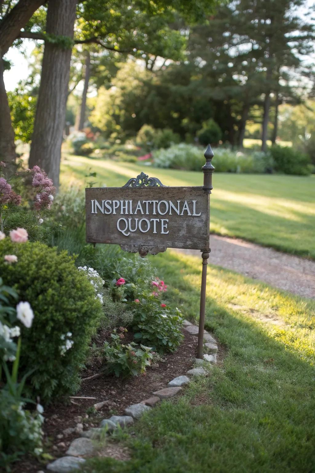 Inspirational quotes add serenity to garden spaces.
