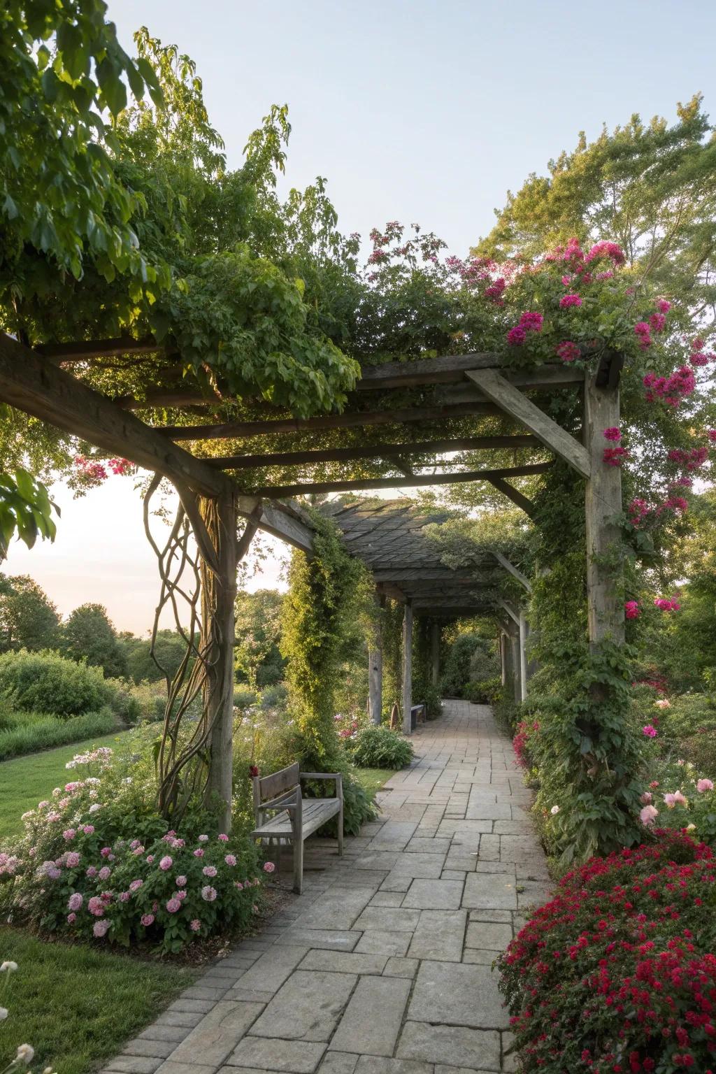 A garden pergola with lush climbing plants offering a shaded retreat.