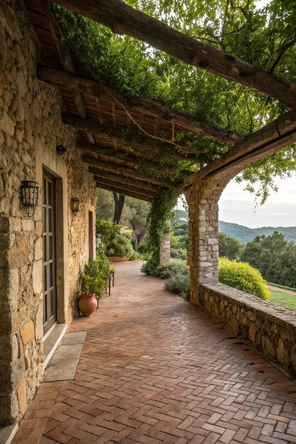 Natural stone and brick create a grounded and textured patio space.