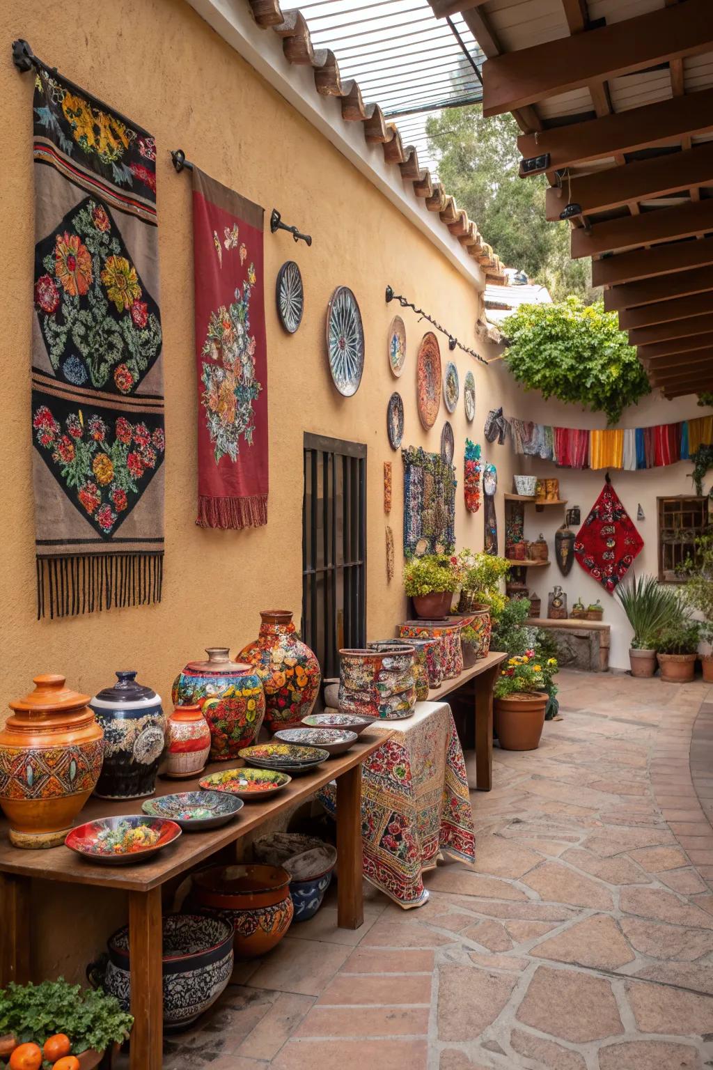 A patio adorned with traditional Mexican pottery and decorative wall hangings.