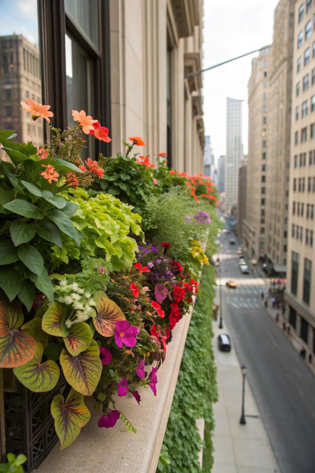 A window box garden bringing color and life to an urban setting.