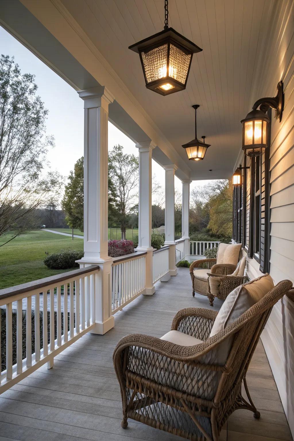 Modern lighting enhances evening ambiance on a mid-century porch.