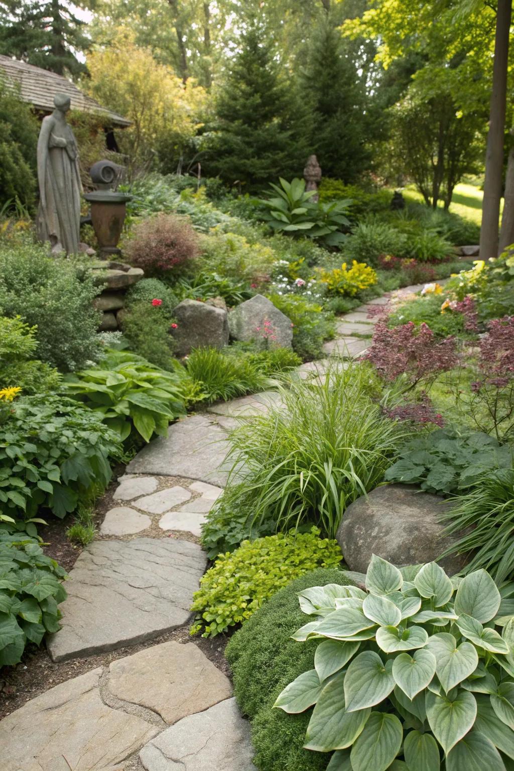 Contrasting textures create dynamic visual appeal in garden design.