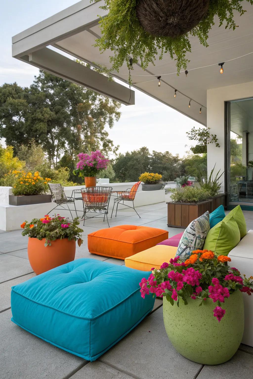 Color accents bring life to this mid-century modern patio.