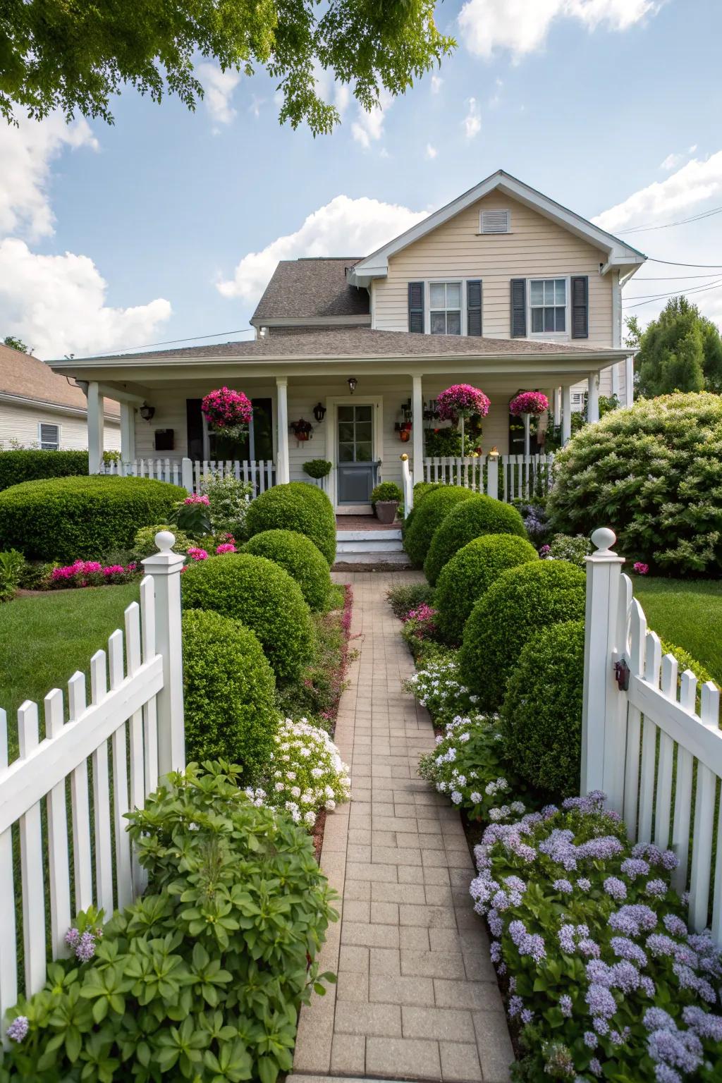 Symmetrical arrangements provide a balanced and elegant look in this Midwest front yard.