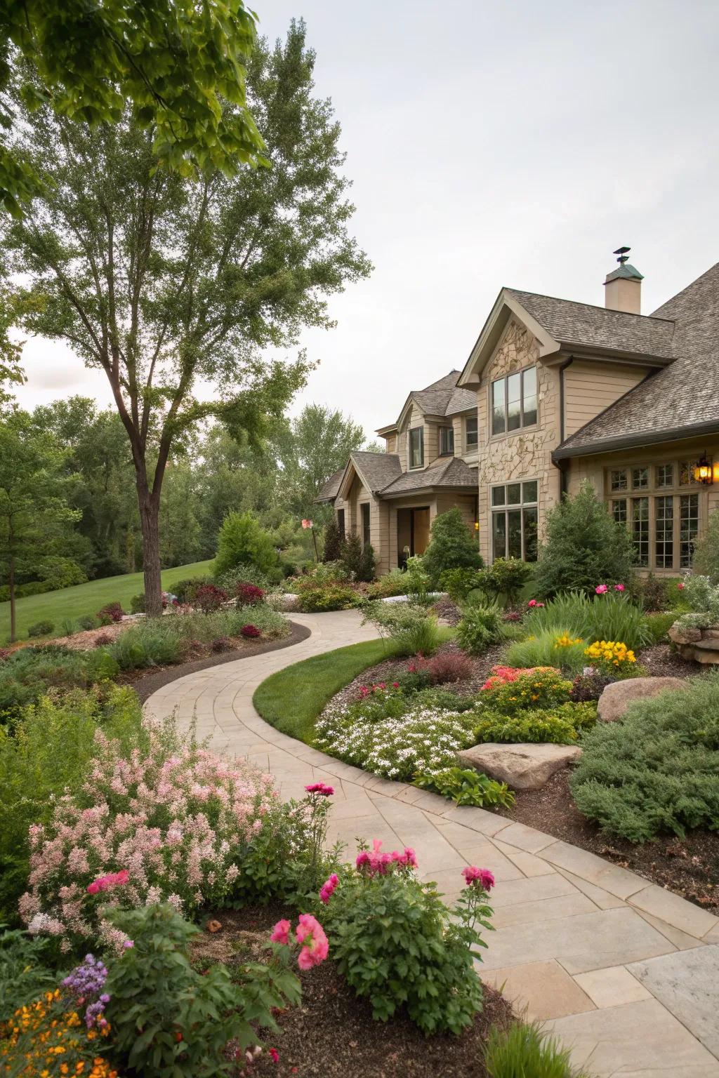 A welcoming front yard with a blend of plants and paths.