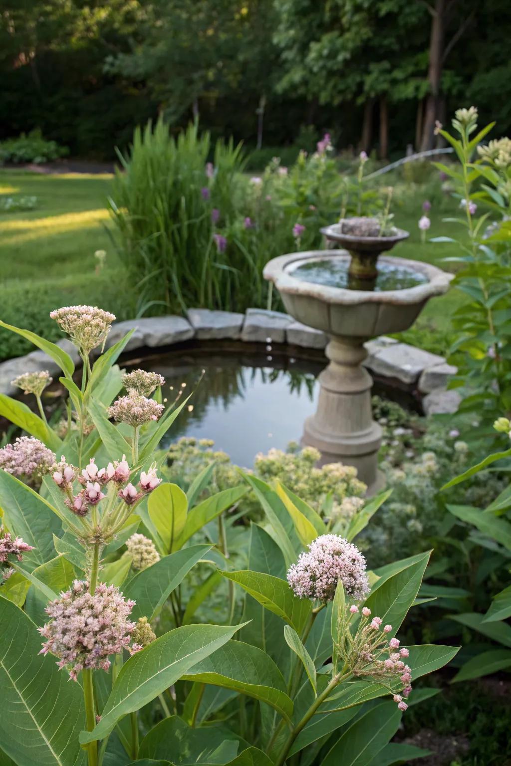 A serene garden with milkweed and a water feature.