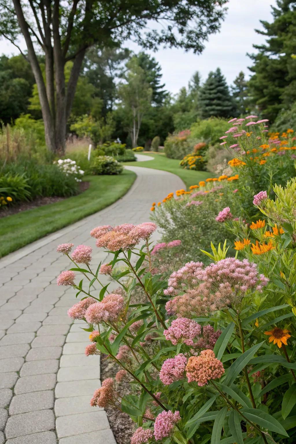 Informal garden borders with milkweed add a whimsical touch.