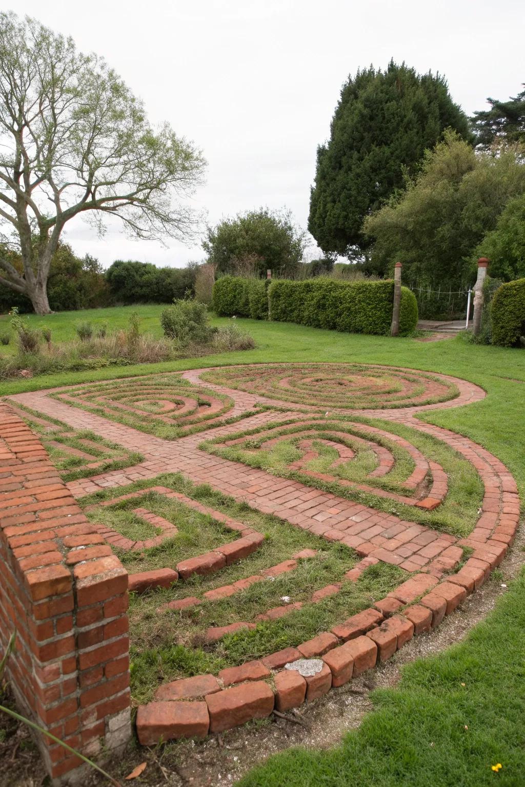 Patterned bricks create a striking labyrinth design in this garden.