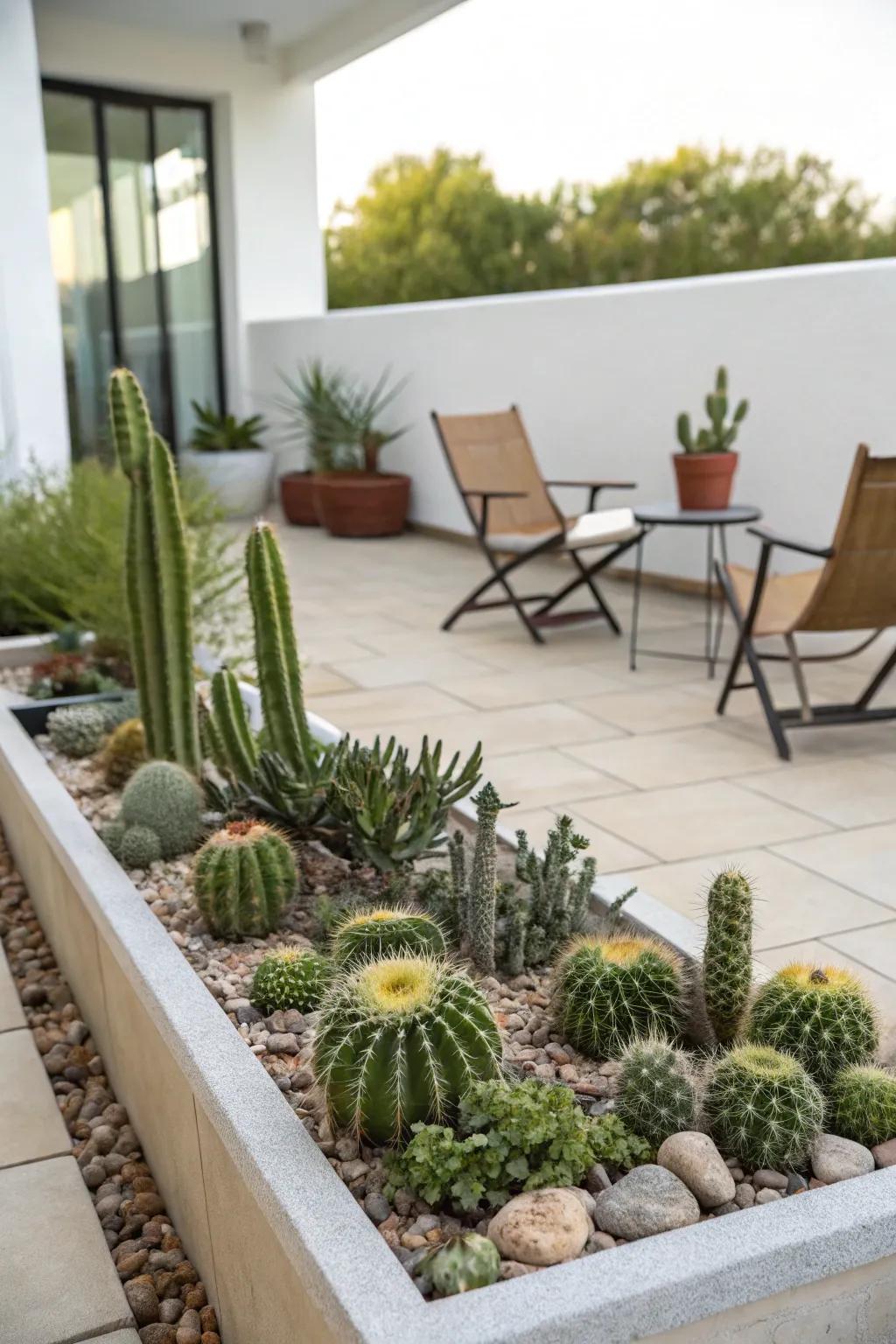 Mini cactus gardens in horizontal planters for patio charm.