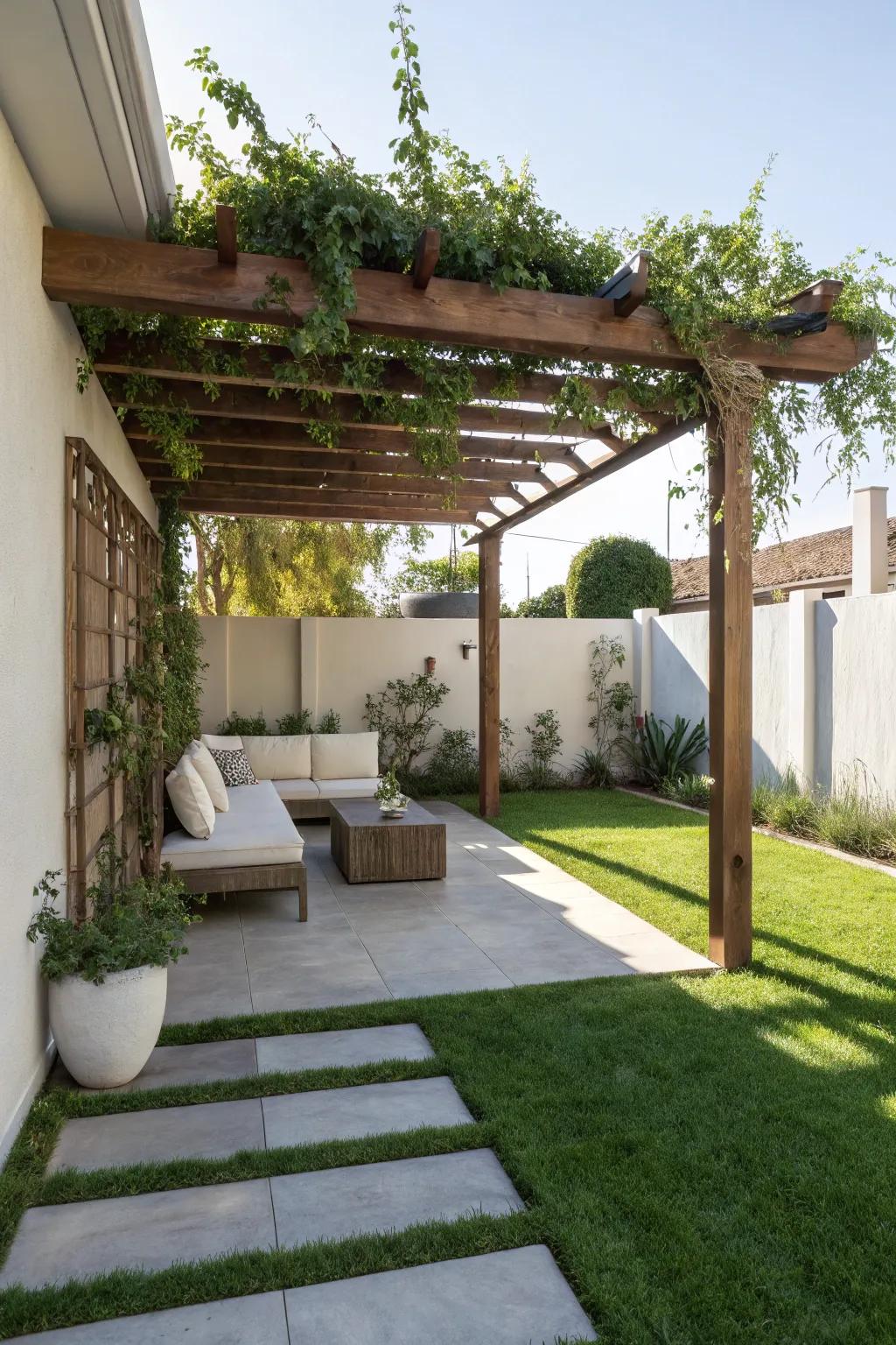 A pergola providing a stylish shaded area.