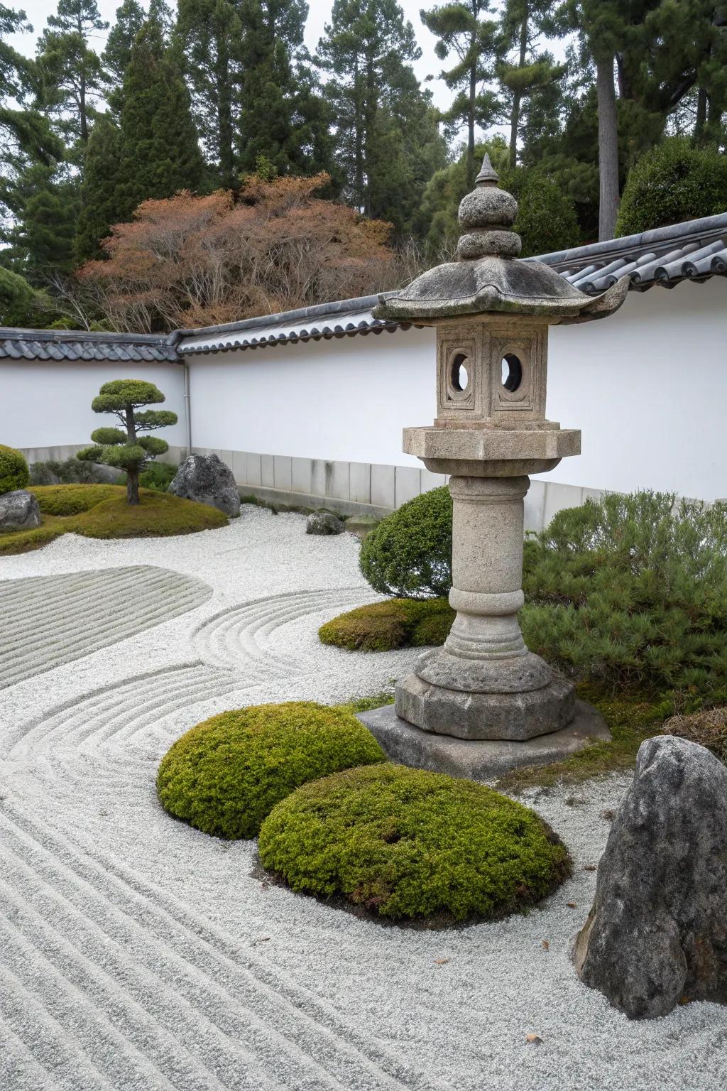 A stone lantern adds cultural depth to the minimalist garden.