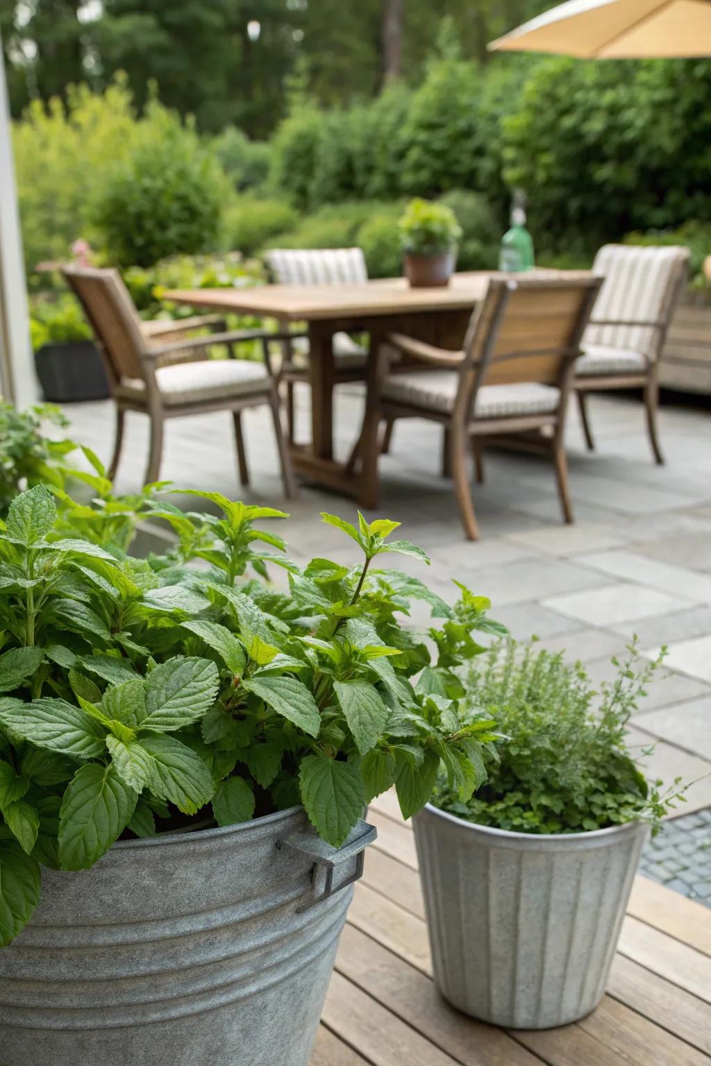 A relaxing patio garden filled with mint plants.