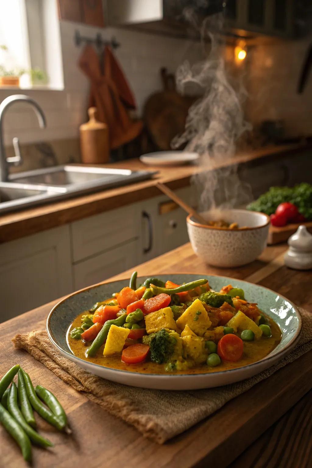 Mixed vegetables infused with international flavors.