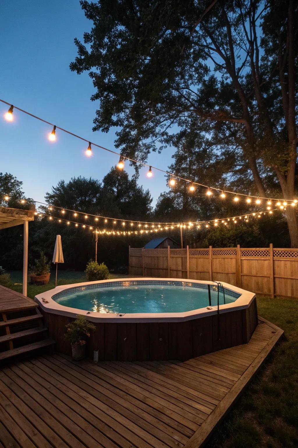 Outdoor string lights create a magical evening atmosphere around this above-ground pool.
